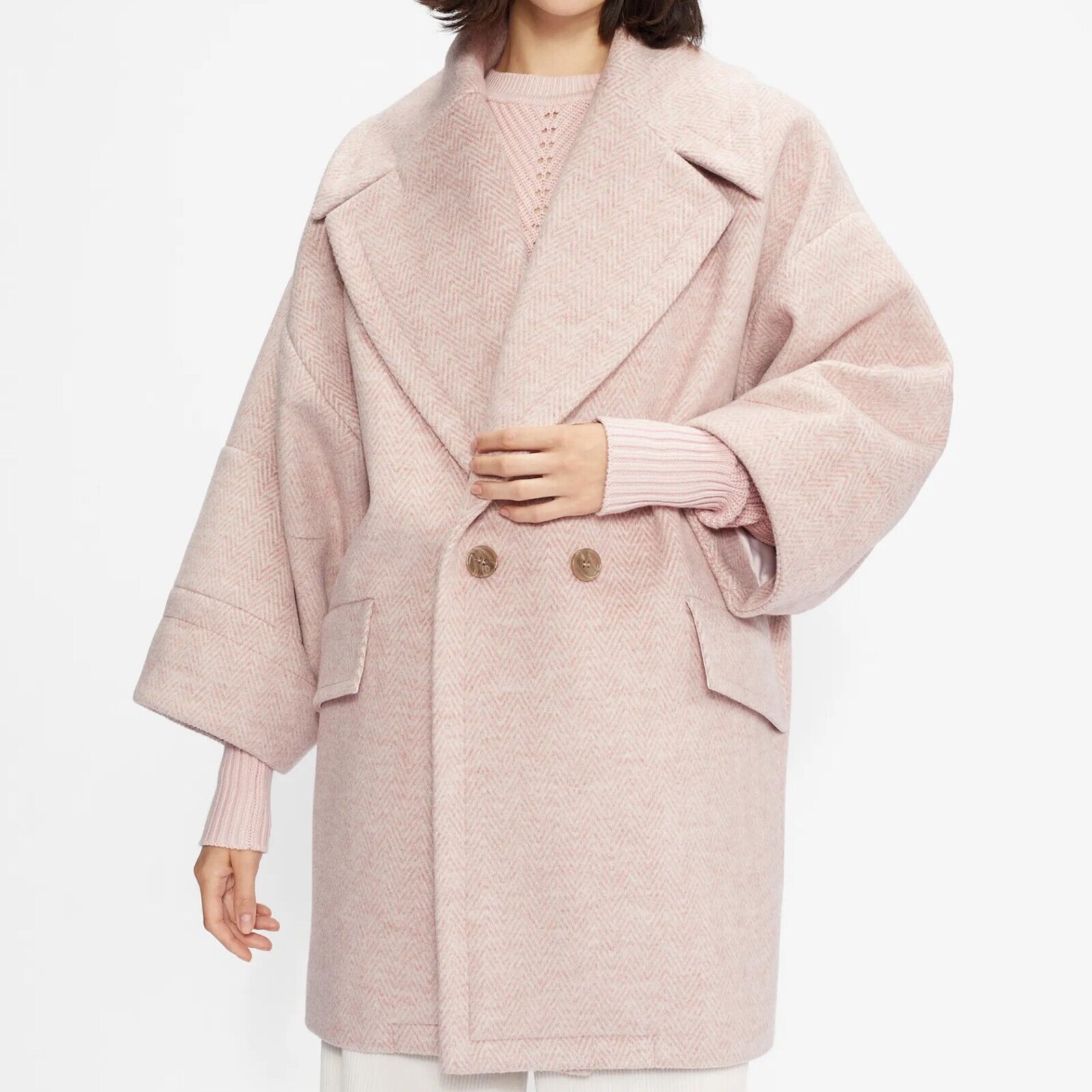 NEW Ted Baker Light Pink Herringbone Jjuliet Oversize Cocoon Coat