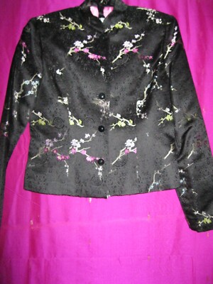 BLACK SHORT CHINESE STYLE JACKET, SZ. XS/S., SILK & RAYON