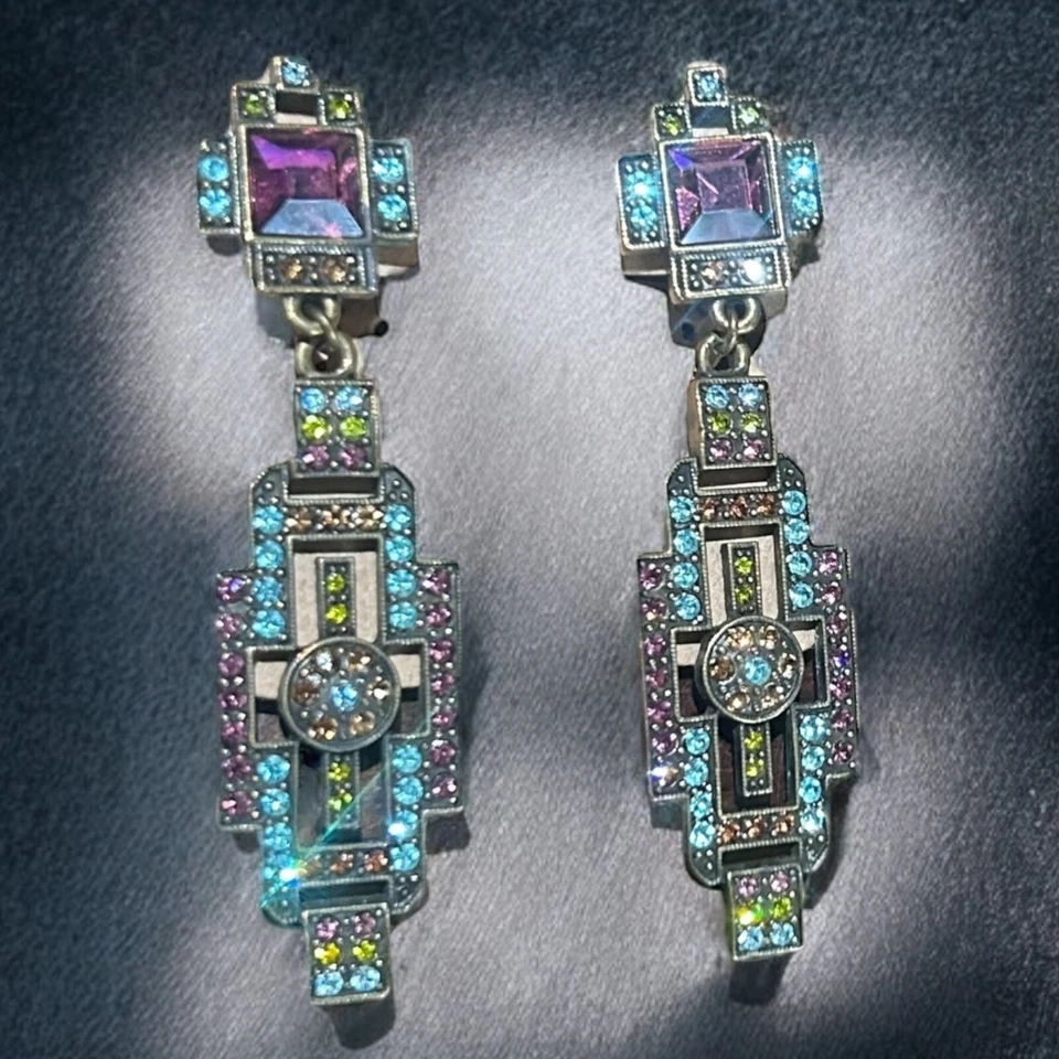 Heidi Daus Multicolor Swarovski Crystal Art Deco Dangle Drop Clip On Earrings - Image 3 of 4