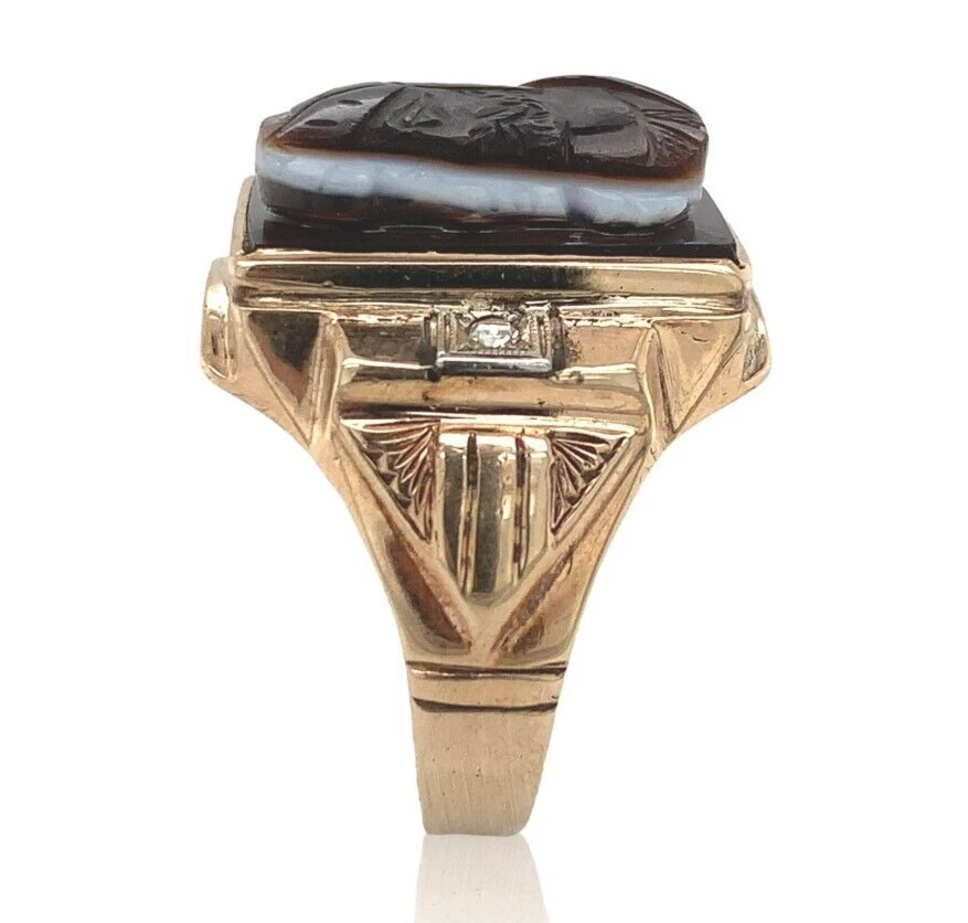 Anillo de oro amarillo de 10k para hombre con piedra camafeo doble guerrero talla 9,25 (#J6634) Foto 2 de 4