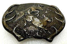 1977 Bergamot Brass Works Belt Buckle Running Deer Y-144 Patina Vintage