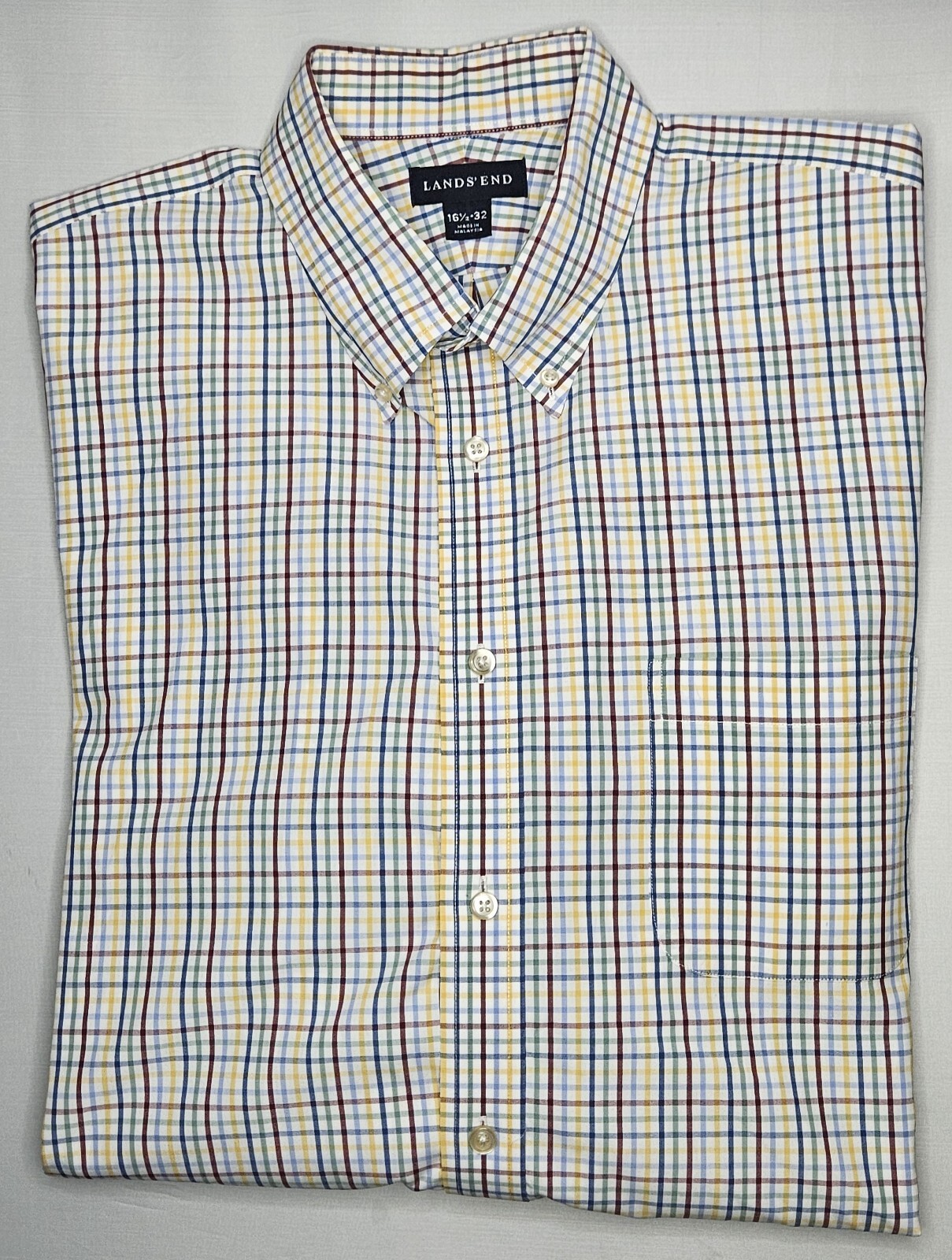 Mens Lands' End Long Sleeve Plaid Button Front Shirt Size 16 1/2 32 - NICE