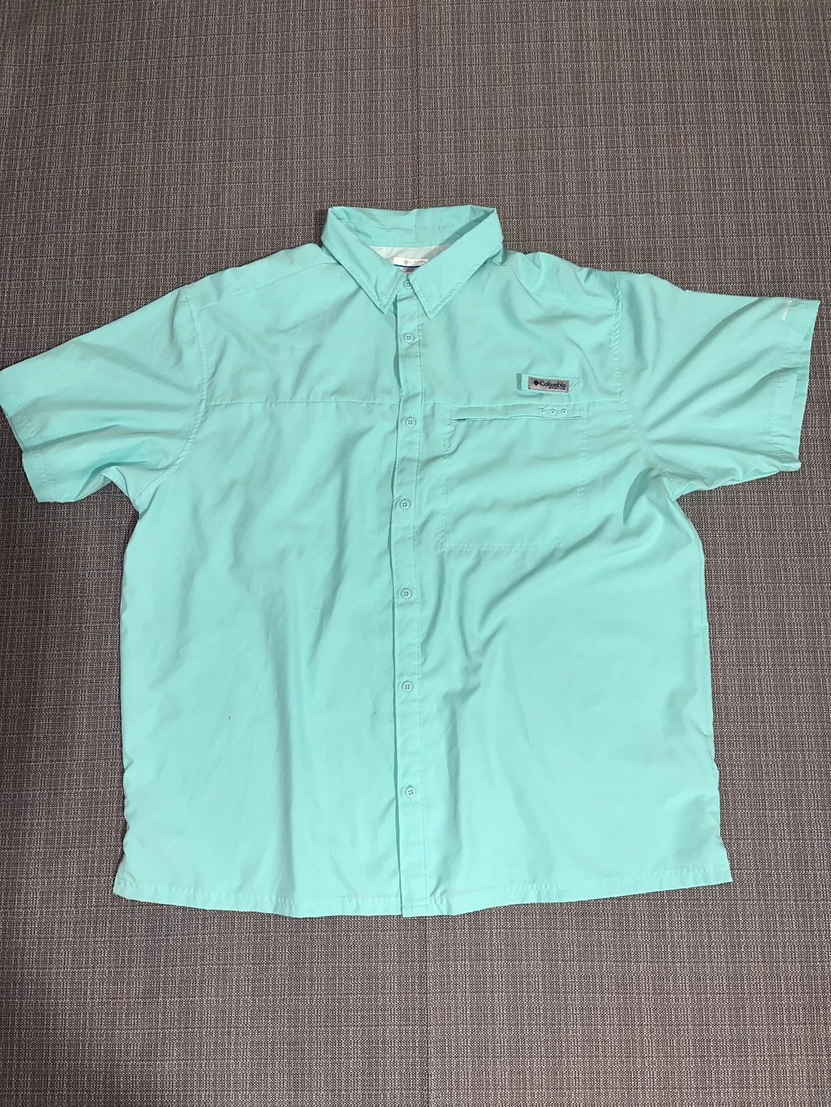 Columbia PFG Fishing Shirt Mens 2XL Aqua Short Sleeve Spread Collar Button Up