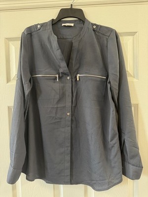 Calvin Klein Gray Long Sleeve Button Front Blouse Zip Pockets M