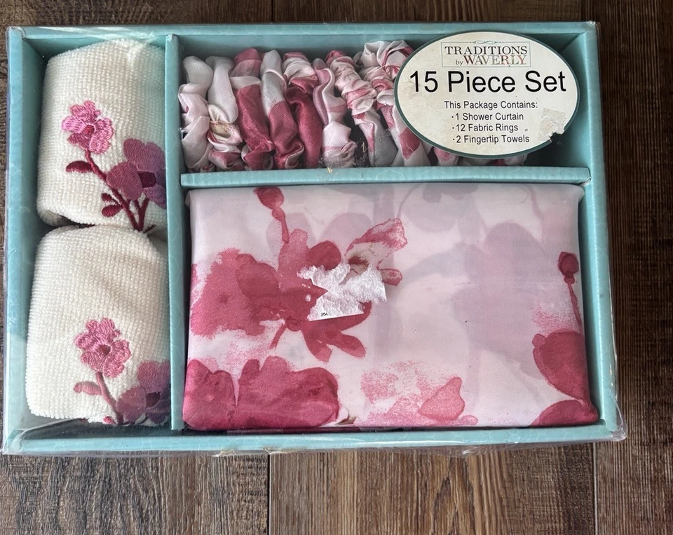 New Traditions Waverly Bathroom Set Shower Curtain Rings Towels Floral Cottage - Image 3 of 3