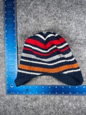 Aquarius Limited Beanie Toque Youth Blue Striped Knit Ear Flap Acrylic Polyester