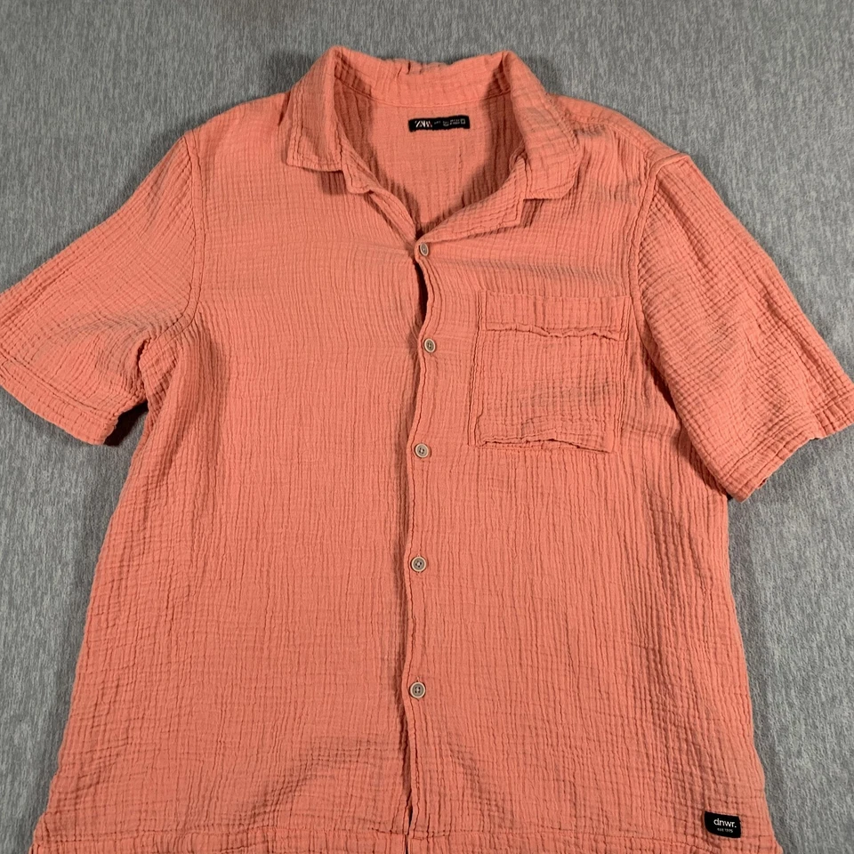 Zara Shirt Mens Large Pink Gauze Short Sleeve Button Front Dnwr Cotton Casual - Image 2 of 4
