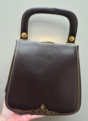 Vtg 60s Black Leather Top Handle Frame Bag – Gold Scroll - Clasp