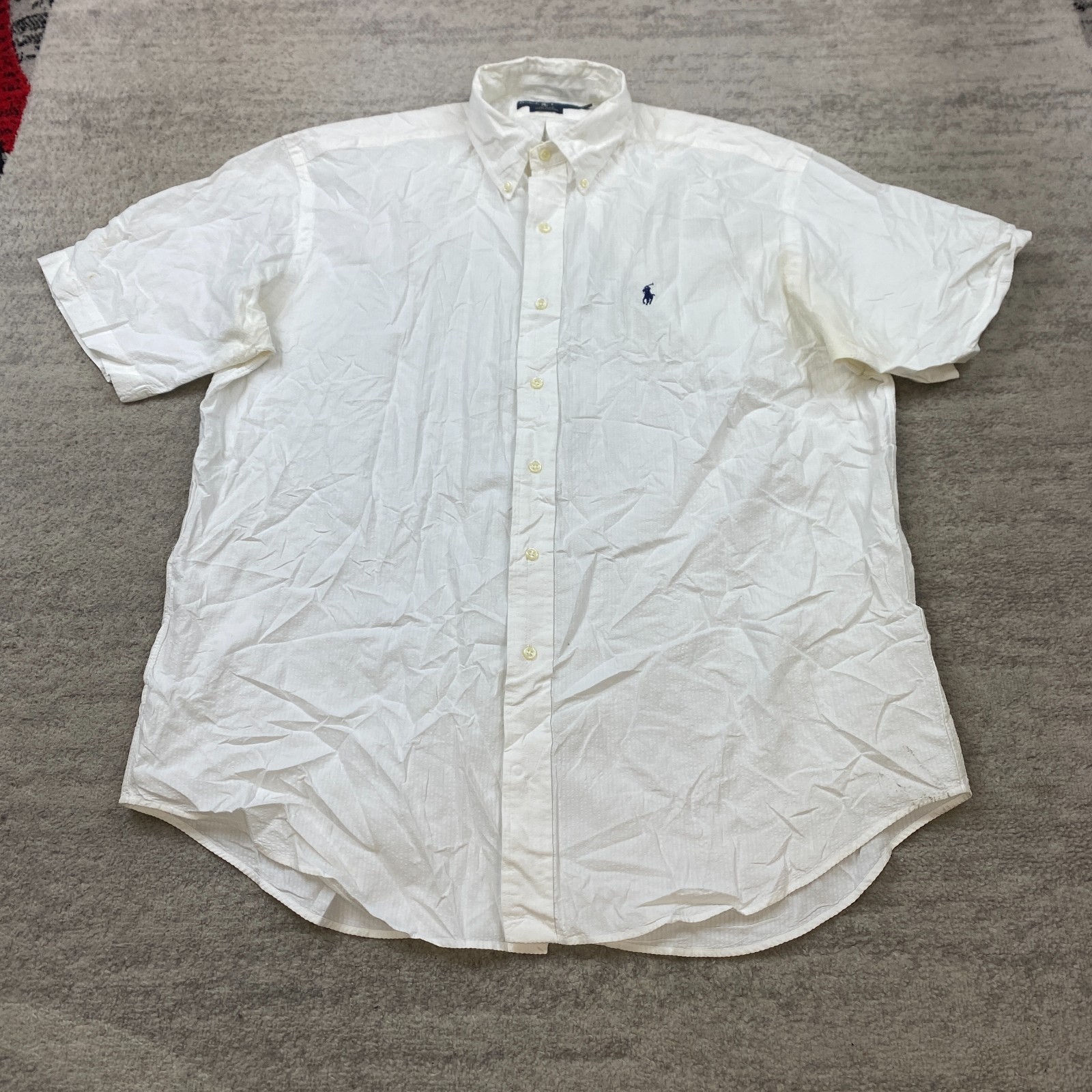 VTG Polo Ralph Lauren Seersucker Shirt Large 15.5 White Blue Pony Outdoor 90s