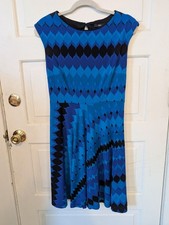 Vintage Bright Blue Geometric Fit & Flare Mini Dress Size M Retro Feminine