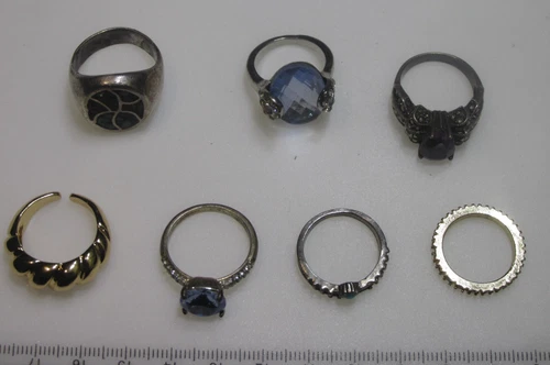 Vintage 7pc Silver Goldtone Ring Lot Various Sizes Metals Stones Signed Sterling