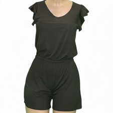 Women's Ruffled Sleeveless Solid Black Romper with Elastic Waist  Tie NWT