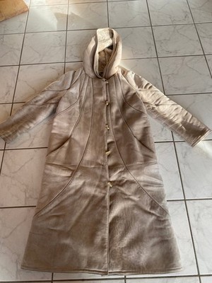 Echt Leder Wildleder Mantel mit Kapuze komplett Lammfell gefüttert beige Gr. 44
