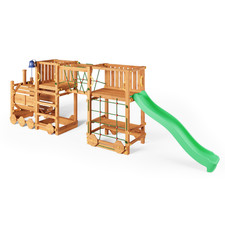 Parco giochi in legno Fungoo Loco Express colore teak con scivolo, ponte e treni