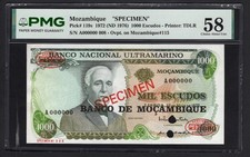 Mozambique 1000 Escudos 1972 (ND 1976) P119s  Specimen N.008  About Uncirculated