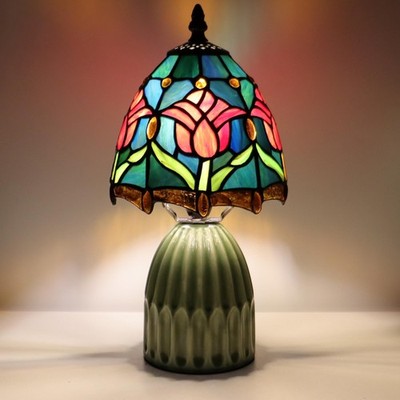Small Tiffany Mushroom Table Lamp Stained Glass Desk Lamp Ceramic Base 