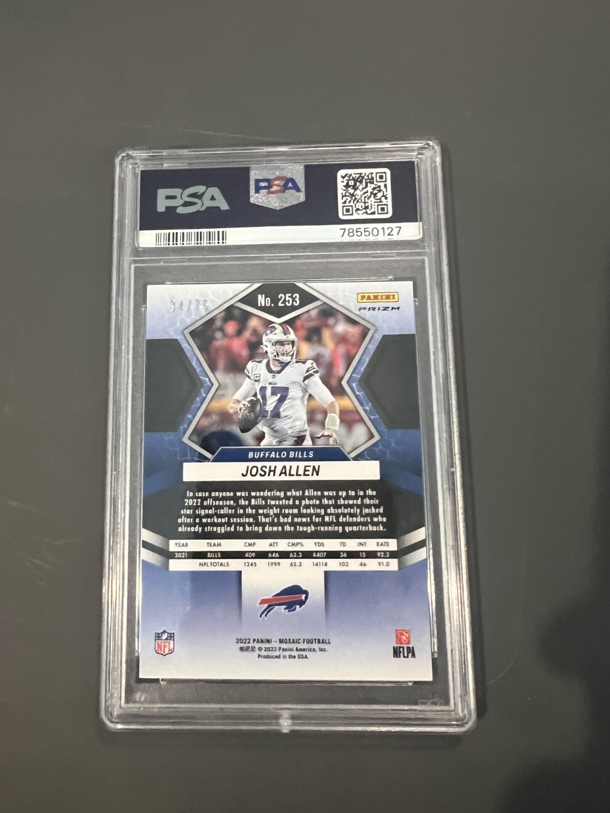 2022 Panini Mosaic - Josh Allen #20 No Huddle Blue Mosaic Prizm /75 PSA 8 view 2