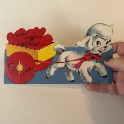 Vintage Valentine LAMB PULLING CART PUN hearts BIG EYES 1958