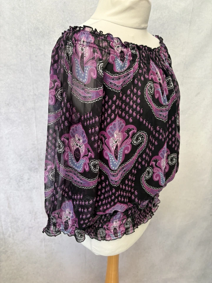 Evie Black Purple Floral Chiffon Top Size 14 3/4 Sleeve Polyester Women’s  — 第 3/4 张图片