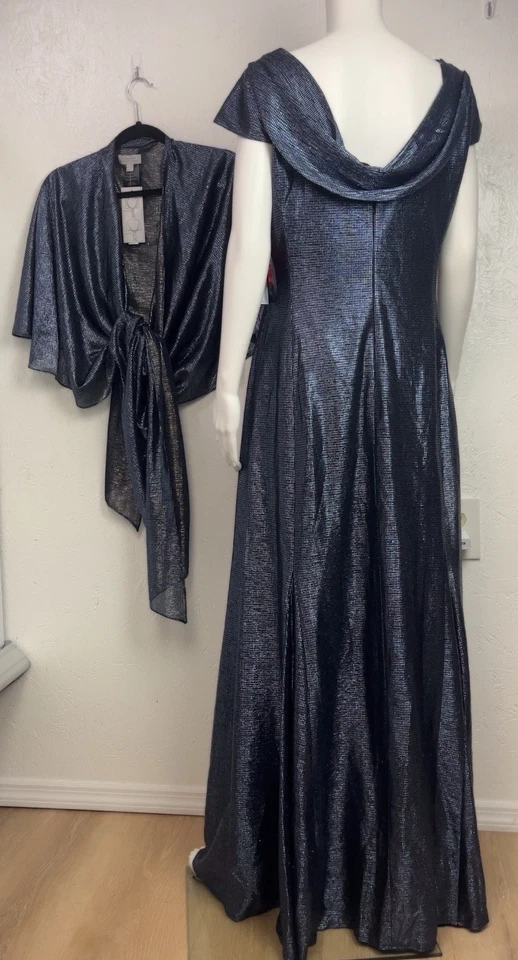 💙 TAHARI S. LEVINE темно-синий металлический фольга хромой 2шт комплект капот платье + куртка шаль 12 - Изображение 2 из 4