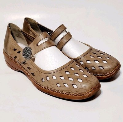 Rieker Doris Mary Jane Shoes Tan Brown Cut out Leather Comfort Shoes Wm 40EU 8.5