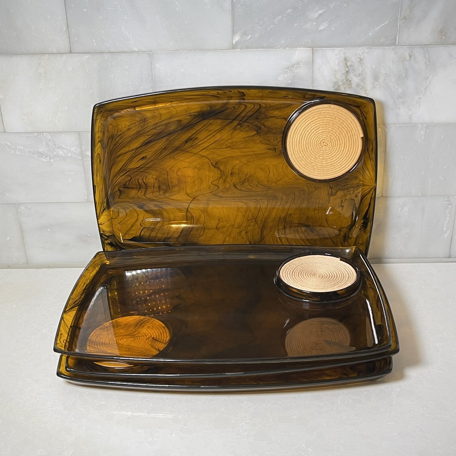 Vintage Set of 4 MCM LuciteTortoise Shell Snack Trays with Coaster