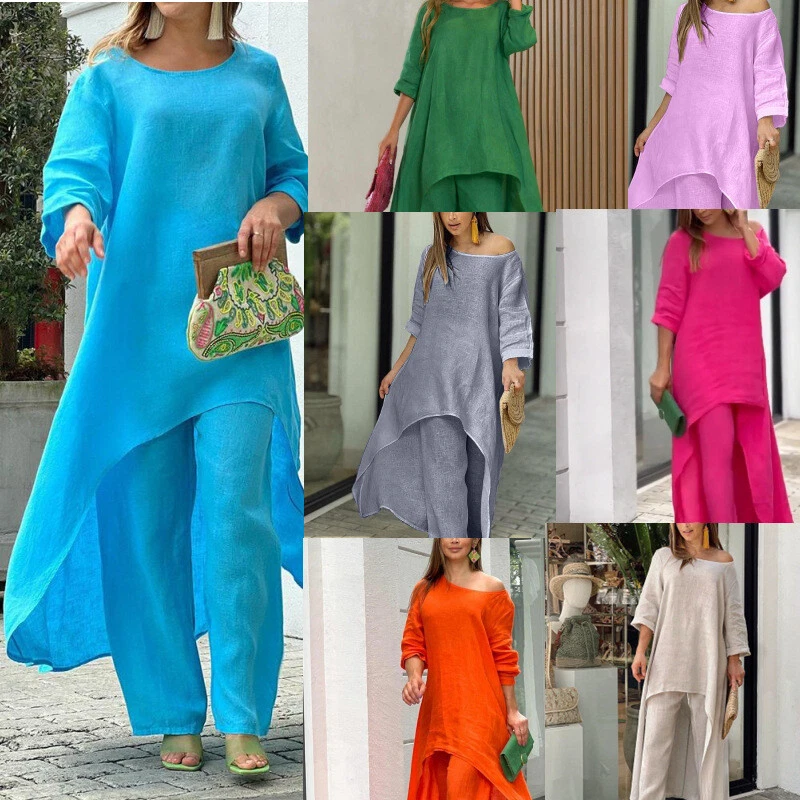 Plus Size Women Cotton Linen Loose Loungewear Suit Hemd Tops Pants Tracksuit Set