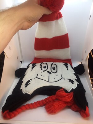 Dr Seuss Cat In The Hat Knit Beanie Toque Laplander Costume Adult Ski Cap EUC