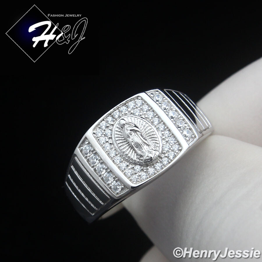 MEN SOLID 925 STERLING SILVER ICY CZ VIRGIN MARY SQUARE RING SIZE