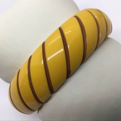 VTG Thick Bakelite Bangle Bracelet Rope Carved Dyed Yellow Brick Brown
