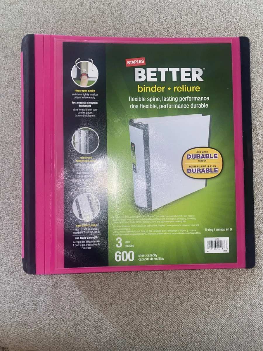 Staples Better Binder 3ring 3 inch Pink binder 600 sheet capacity College  -work