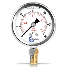 2-1/2" Pressure Gauge, Stainless Steel Case, Liquid Filled, Lower Mnt 0-30 PSI
