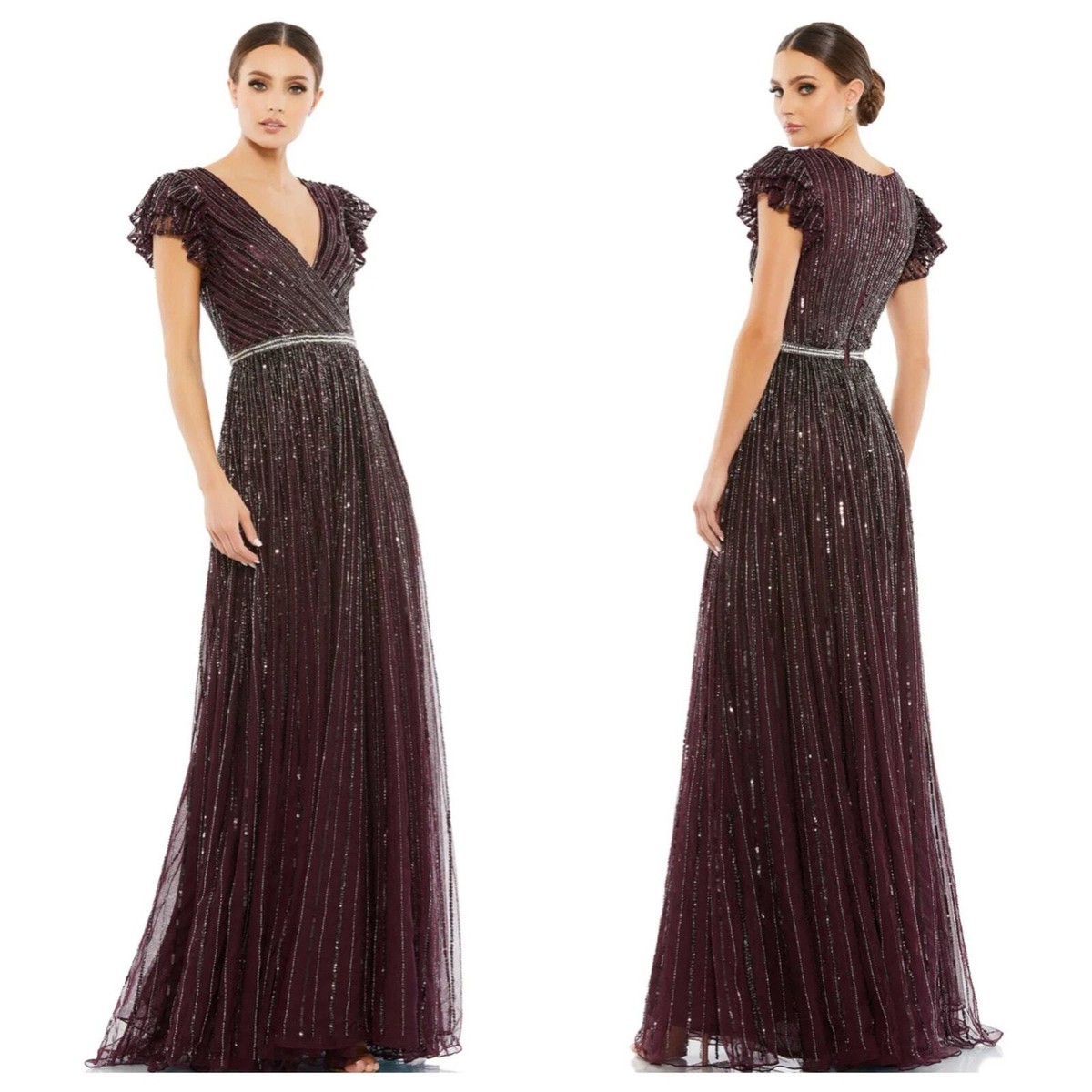 Mac Duggal Sequined Wrap Over Ruffled Cap Sleeve Gown Blackberry Size 14 NWT