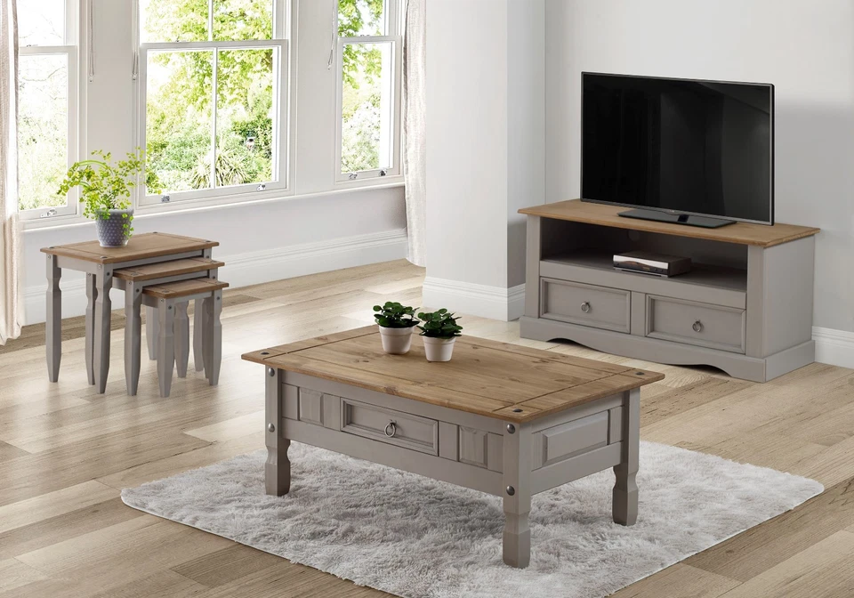 Corona Solid Pine furniture Grey Wax TV Sideboard Bookcase Coffee Table Nest - Image 3 of 3