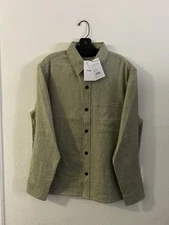Theory 100% Linen Shirt Mens LARGE Olive Irving Long Sleeve Button Down NEW $225
