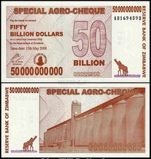 10 x 50 Billion Dollars Zimbabwe Special Agro Cheque 2008 Authentic COA