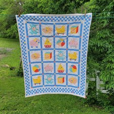 Baby Nursery Quilt Vintage Blanket Reversible Toy Animal Block 42x32 Handmade