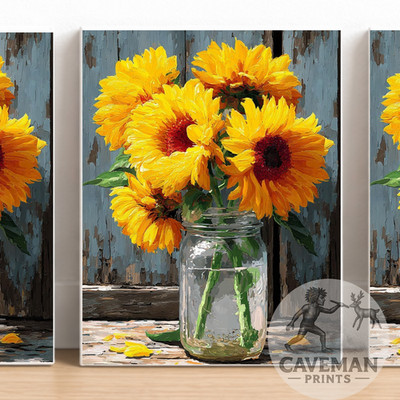 Sunflower Mason Jar Wall Art Rustic Floral Print Farmhouse Kitchen Poster