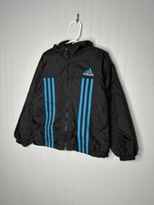 Adidas Boys Black Blue Striped Hooded Basic Jacket 100 Nylon Size M