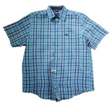 Chaps Turquoise Blue Green Yellow Plaid Design Short Sleeve Size Large Starched