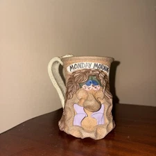VINTAGE ART POTTERY STONEWARE 3D UGLY FACE MONDAY MORNING MUG