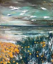 Quadro papavero giallo California arte acrilica originale paesaggio marino 20x24" firmato