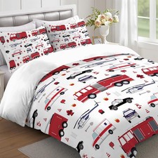 Yasida 3Pcs Queen Fire Truck Comforter Bedding for Kids, Police Car Firemen C...