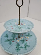 2-Tier Serving  Plater German Turquoise Blue Majolica Plates w/ Strawberries