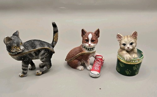 Lot Of 3 Cat Kitten In Box Kitty W/ Shoe Trinket Boxes Some Paint Fading