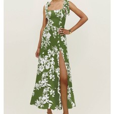 Reformation Twilight Mystique Midi Dress Floral Viscose Green Square Neck US 8
