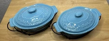 2 Temp Tations 9 oz Covered Casserole Dishes Lid And Stand Teal Blue