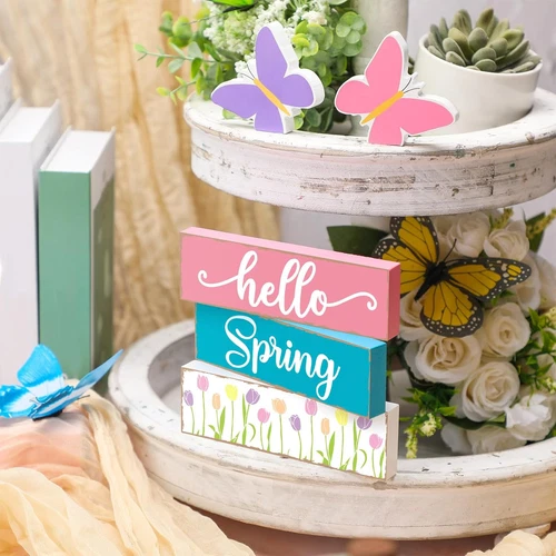 5 Pcs Hello Spring Tiered Tray Decorations Rustic Table Decor Brown - Picture 3 of 7