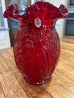 Vintage 8" Fenton Cranberry Ruffled Edge Glass Vase