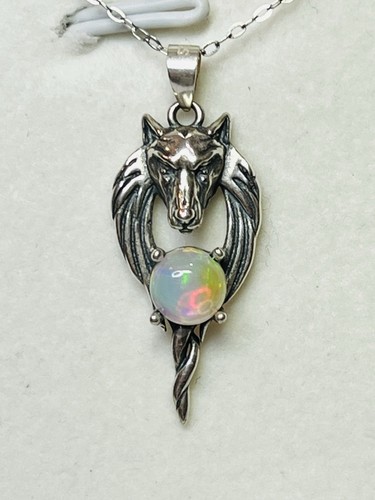 Collana in argento sterling 925 opale arcobaleno naturale cane lupo con ciondolo criniera - Foto 5 di 10